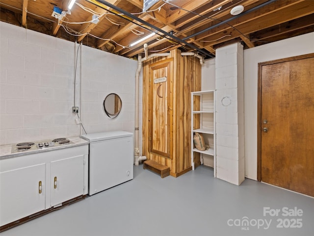 unfinished below grade area with white refrigerator and concrete block wall