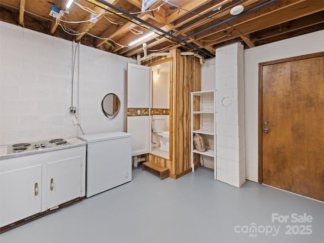 unfinished below grade area featuring concrete block wall and fridge