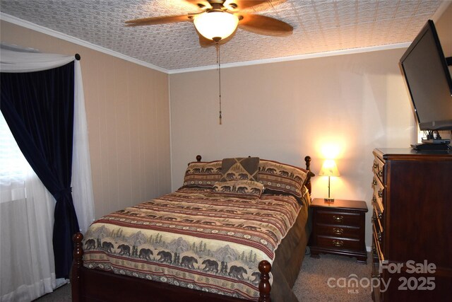 301 Pinnacle Inn Rd Unit 3219, Beech Mountain, NC 28604 - bedroom with carpet, ornamental molding, a ceiling fan, and an ornate ceiling