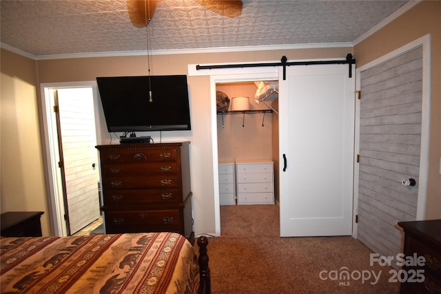 301 Pinnacle Inn Rd Unit 3219, Beech Mountain, NC 28604 - bedroom with an ornate ceiling, carpet, a walk in closet, a barn door, and crown molding