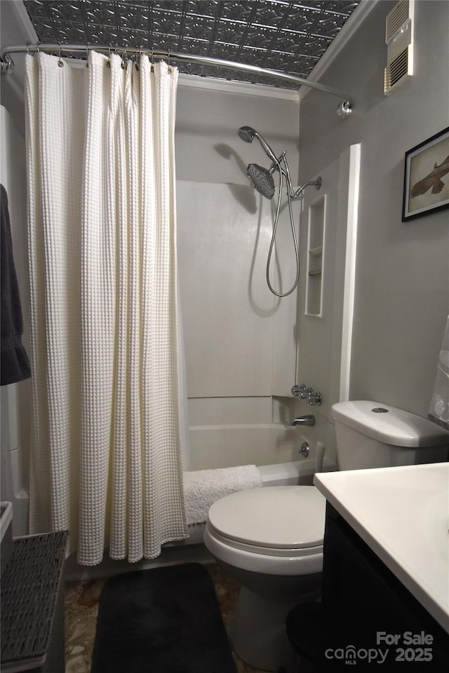 301 Pinnacle Inn Rd Unit 3219, Beech Mountain, NC 28604 - bathroom featuring vanity, toilet, shower / bath combo with shower curtain, an ornate ceiling, and crown molding