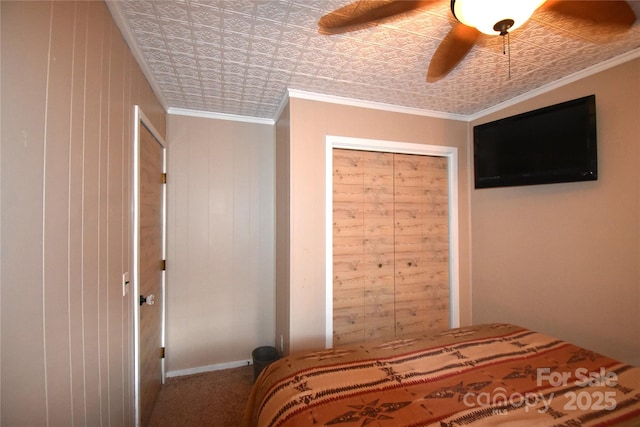 301 Pinnacle Inn Rd Unit 3219, Beech Mountain, NC 28604 - bedroom with crown molding, an ornate ceiling, ceiling fan, wood walls, and carpet