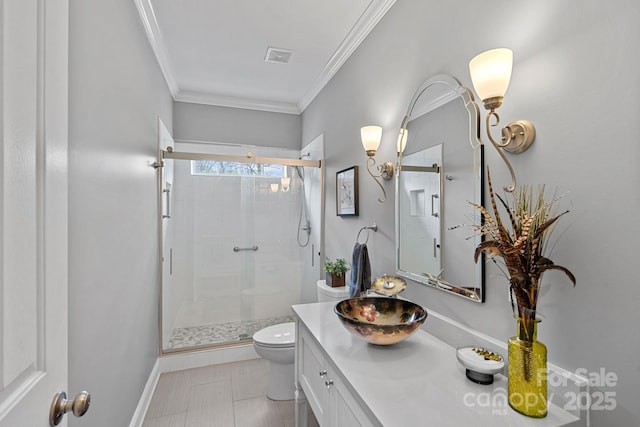 full bath featuring crown molding, visible vents, a stall shower, toilet, and vanity