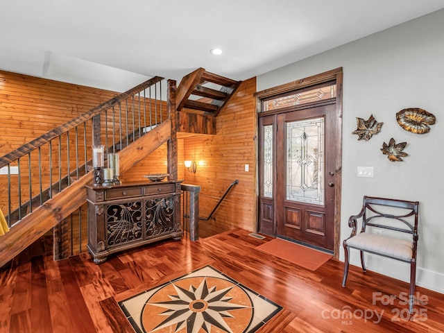 556 High Pines Loop, Lake Lure, NC 28746 - foyer featuring wooden walls, stairway, wood finished floors, recessed lighting, and baseboards