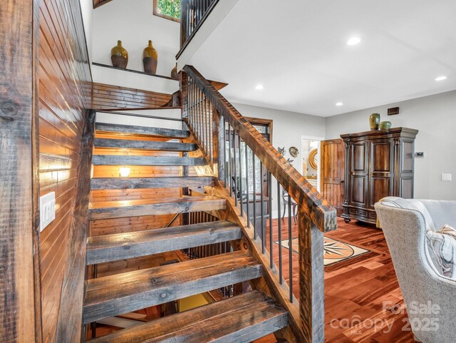 556 High Pines Loop, Lake Lure, NC 28746 - stairs with recessed lighting and wood finished floors