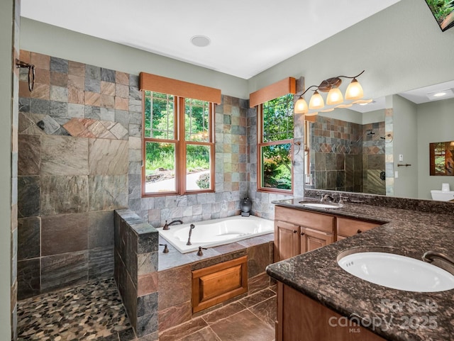 556 High Pines Loop, Lake Lure, NC 28746 - full bathroom featuring two vanities, walk in shower, a bath, and marble finish floors