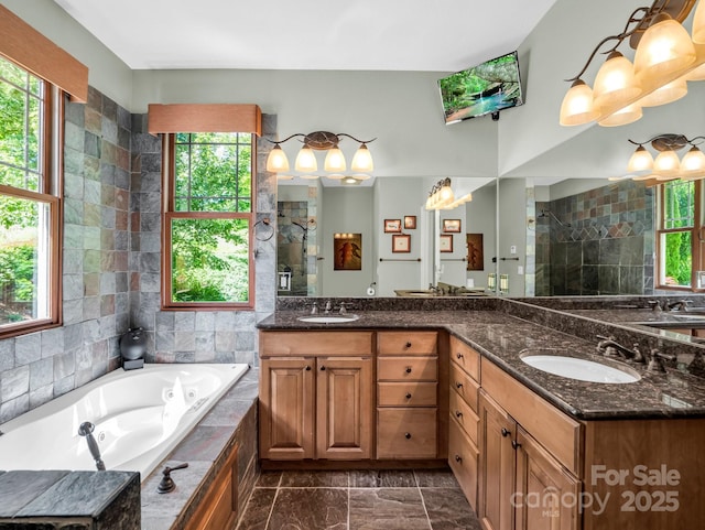 556 High Pines Loop, Lake Lure, NC 28746 - full bath with double vanity, tiled shower, a tub with jets, and marble finish floors