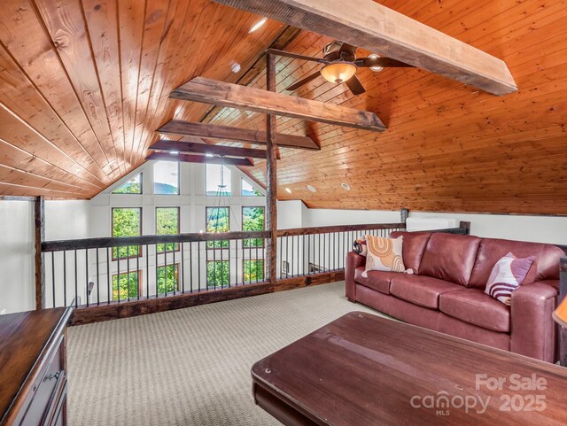 556 High Pines Loop, Lake Lure, NC 28746 - living room featuring wooden ceiling, ceiling fan, and carpet floors