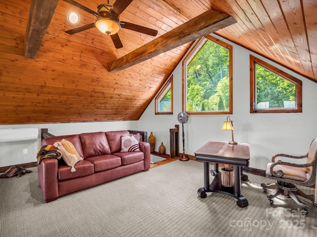 556 High Pines Loop, Lake Lure, NC 28746 - living room featuring wooden ceiling, carpet floors, baseboards, and ceiling fan