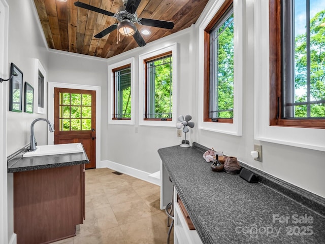 556 High Pines Loop, Lake Lure, NC 28746 - kitchen with wooden ceiling, dark countertops, a sink, healthy amount of natural light, and a ceiling fan