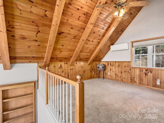 575 Twin Brook Dr, Waynesville, NC 28785 - bonus room featuring wood ceiling, an AC wall unit, a ceiling fan, wood walls, and carpet