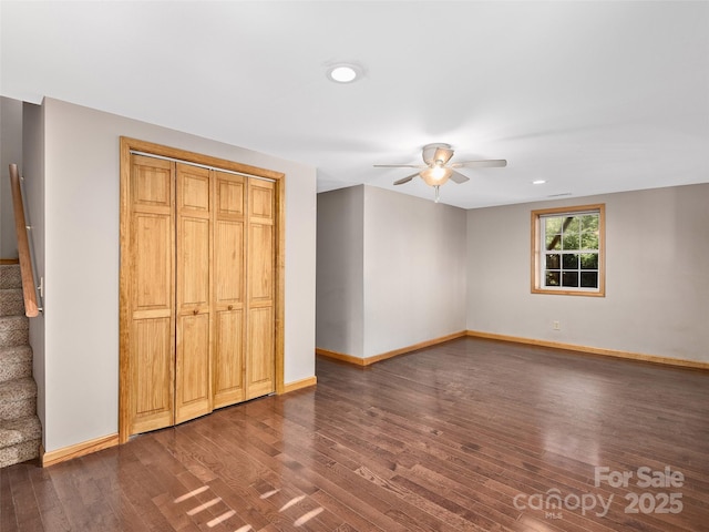 575 Twin Brook Dr, Waynesville, NC 28785 - unfurnished bedroom with dark wood finished floors, baseboards, a closet, a ceiling fan, and recessed lighting