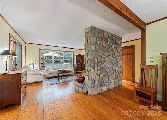 1192 Rockdale Rd, Whittier, NC 28789 - living area featuring crown molding, beamed ceiling, light wood-type flooring, and a textured ceiling
