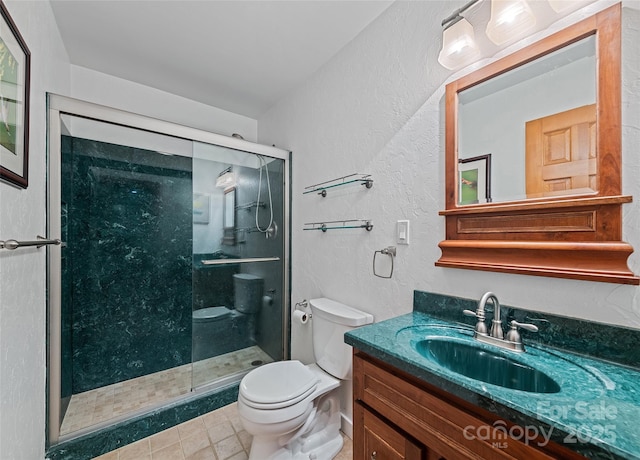 1192 Rockdale Rd, Whittier, NC 28789 - bathroom with vanity, toilet, a textured wall, and a stall shower