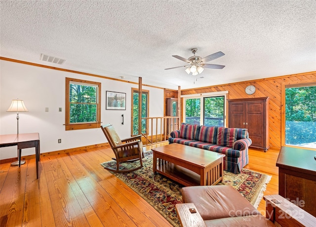1192 Rockdale Rd, Whittier, NC 28789 - living room with visible vents, crown molding, ceiling fan, plenty of natural light, and light wood finished floors