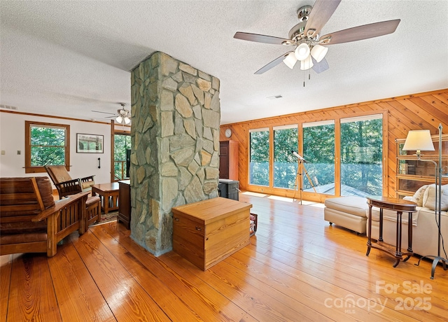 1192 Rockdale Rd, Whittier, NC 28789 - living room featuring a ceiling fan, a textured ceiling, and wood walls