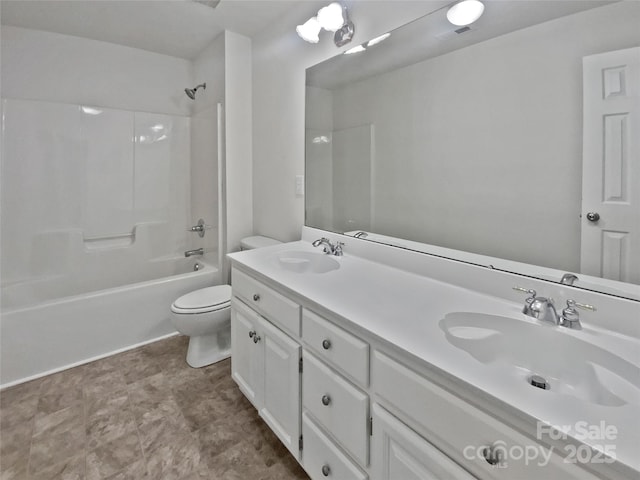 full bath with toilet, a sink, double vanity, and tub / shower combination