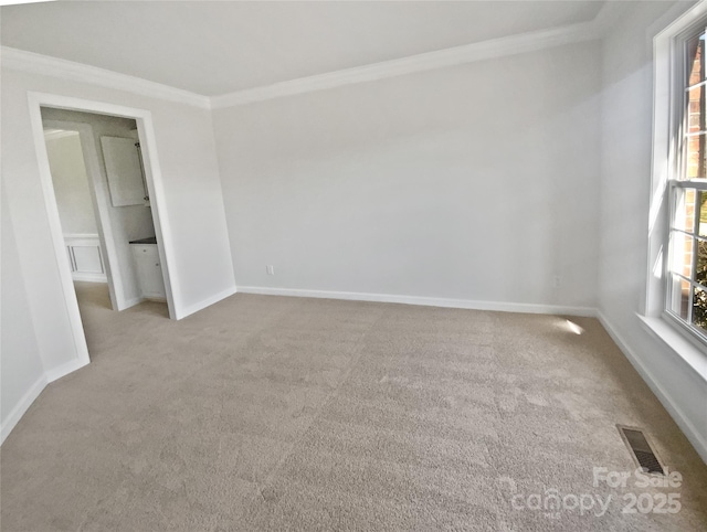 spare room featuring carpet flooring, ornamental molding, visible vents, and a healthy amount of sunlight