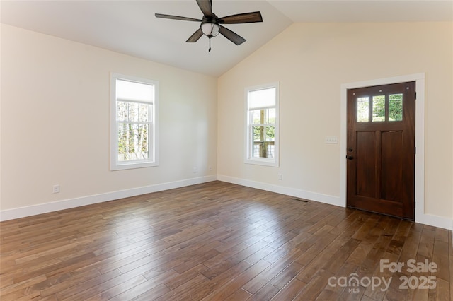 220 Mount Allen Heights, Black Mountain, NC 28711 - foyer entrance with healthy amount of natural light, a ceiling fan, dark wood-style floors, and vaulted ceiling