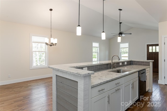 220 Mount Allen Heights, Black Mountain, NC 28711 - kitchen featuring vaulted ceiling, hardwood / wood-style floors, stainless steel dishwasher, a ceiling fan, and a center island with sink