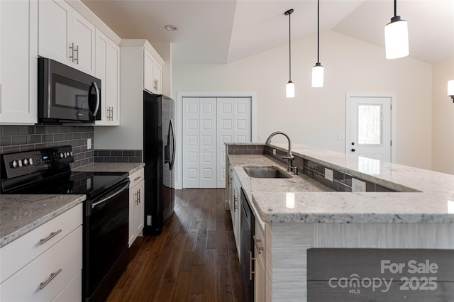 220 Mount Allen Heights, Black Mountain, NC 28711 - kitchen featuring black appliances, dark wood-style floors, white cabinetry, a spacious island, and tasteful backsplash