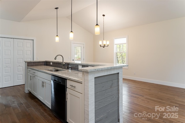 220 Mount Allen Heights, Black Mountain, NC 28711 - kitchen featuring black dishwasher, dark wood finished floors, white cabinets, light stone countertops, and hanging light fixtures