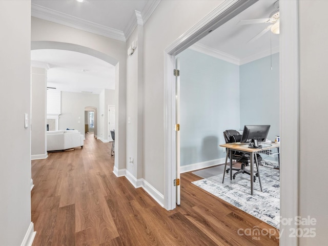 4148 Cedar Point Ave, Matthews, NC 28104 - office with arched walkways, a ceiling fan, wood finished floors, and ornamental molding