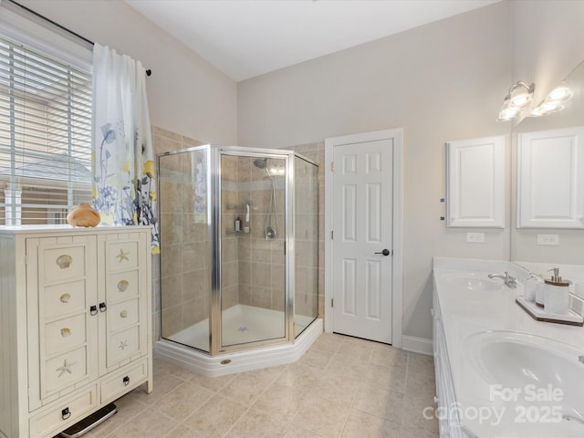 4148 Cedar Point Ave, Matthews, NC 28104 - full bathroom featuring a stall shower, double vanity, and tile patterned floors