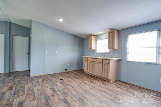 kitchen with light countertops, a sink, light brown cabinetry, and wood finished floors