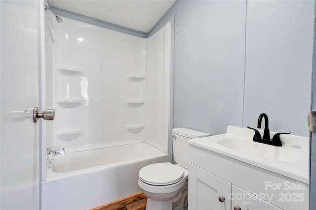 full bathroom featuring toilet, shower / bath combination, vanity, and wood finished floors