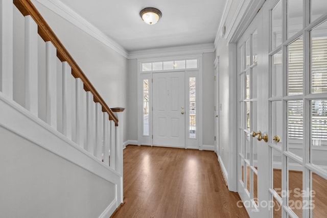 9652 Alma Blount Blvd, Charlotte, NC 28277 - foyer entrance with stairway, baseboards, french doors, and wood finished floors