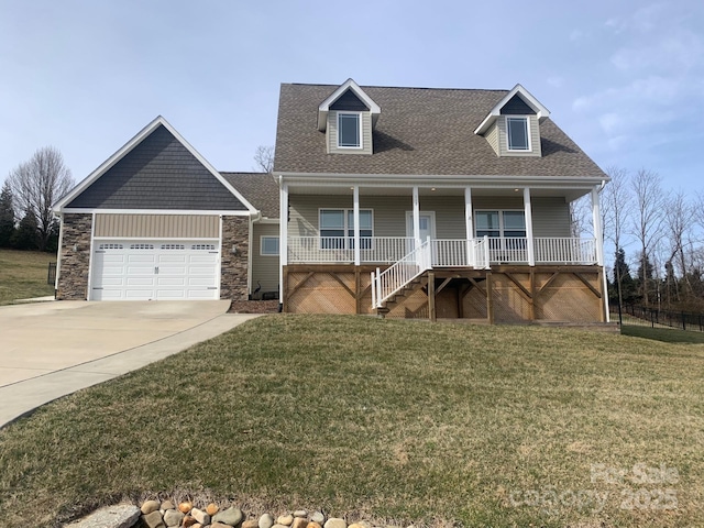 119 Tryon View Dr, Flat Rock, NC 28731 - cape cod-style house with covered porch, concrete driveway, stone siding, a front yard, and roof with shingles
