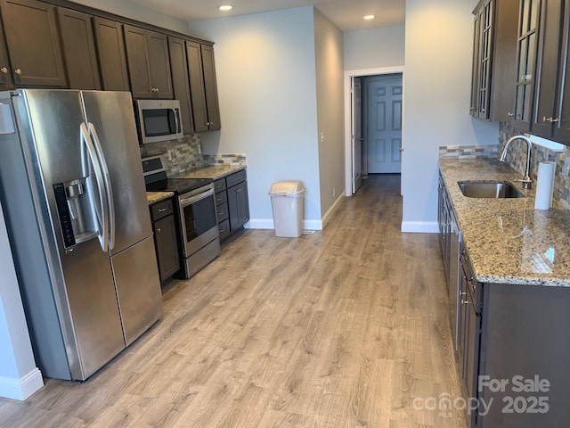 119 Tryon View Dr, Flat Rock, NC 28731 - kitchen with stainless steel appliances, a sink, dark brown cabinets, recessed lighting, and baseboards