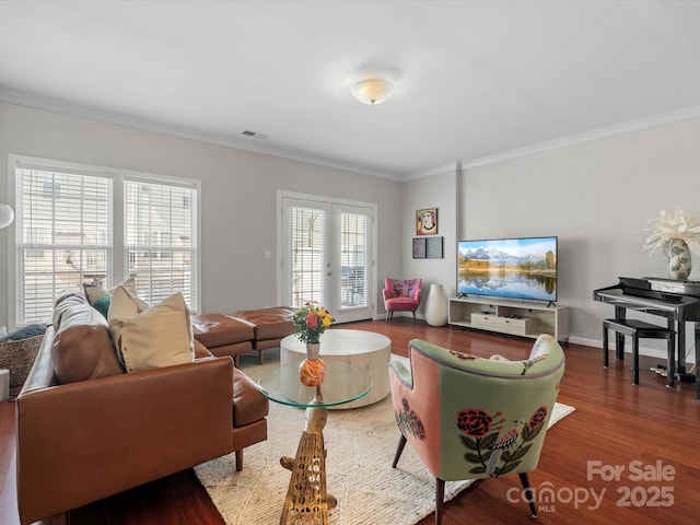 11846 Chelton Ridge Ln, Charlotte, NC 28277 - living room featuring baseboards, visible vents, crown molding, and wood finished floors