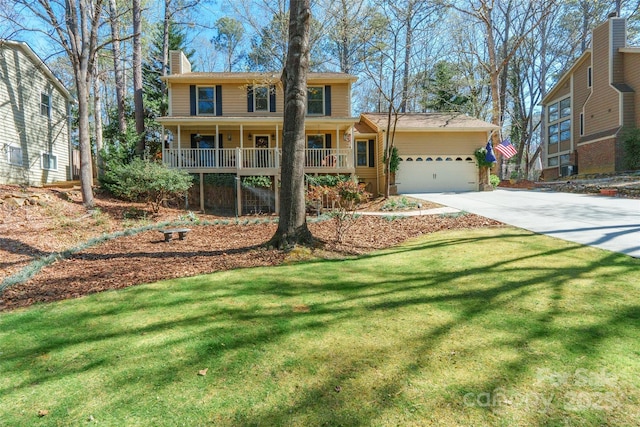 10028 Bora Bora Dr, Tega Cay, SC 29708 - colonial home with a front yard, covered porch, concrete driveway, a chimney, and a garage