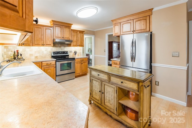 10028 Bora Bora Dr, Tega Cay, SC 29708 - kitchen with ornamental molding, under cabinet range hood, a sink, and stainless steel appliances