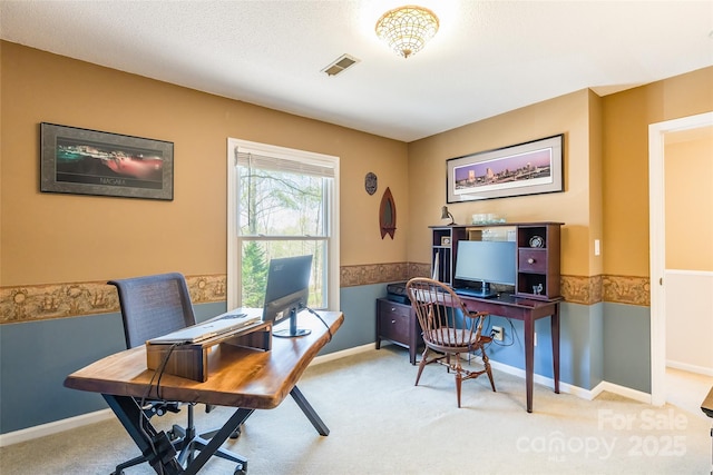 10028 Bora Bora Dr, Tega Cay, SC 29708 - home office with a wainscoted wall, carpet floors, a textured ceiling, and visible vents