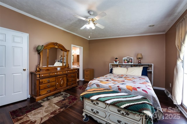 bedroom with ceiling fan, baseboards, crown molding, and wood finished floors