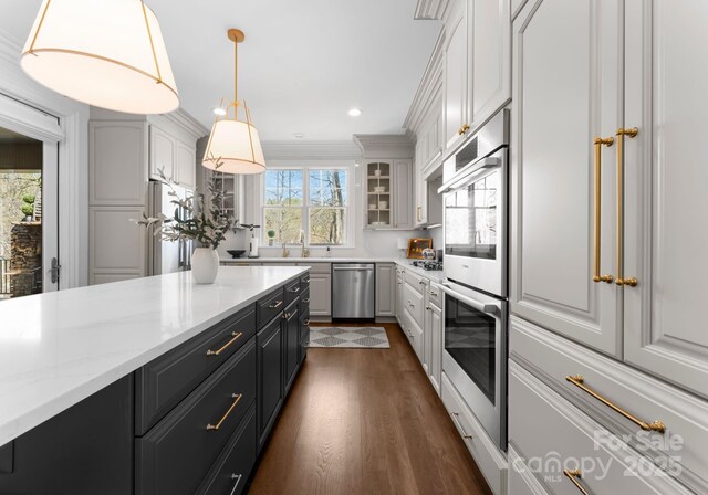 kitchen with glass insert cabinets, dark wood-type flooring, white cabinets, hanging light fixtures, and stainless steel appliances