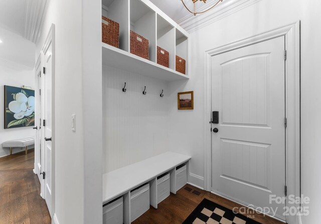 mudroom with ornamental molding and dark wood-style flooring