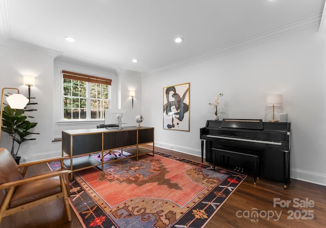 home office with baseboards, ornamental molding, wood finished floors, and recessed lighting