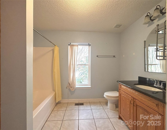 97 Hughes Dr, Maggie Valley, NC 28751 - bathroom with toilet, a textured ceiling, vanity, tile patterned floors, and shower / tub combo