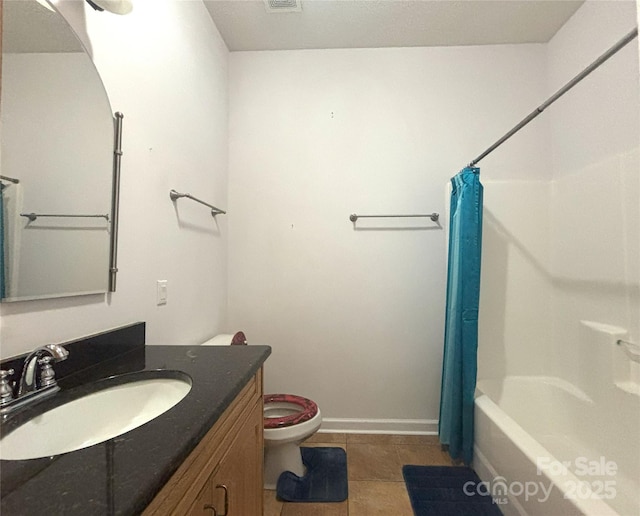 97 Hughes Dr, Maggie Valley, NC 28751 - full bathroom with toilet, vanity, tile patterned floors, baseboards, and shower / bath combo