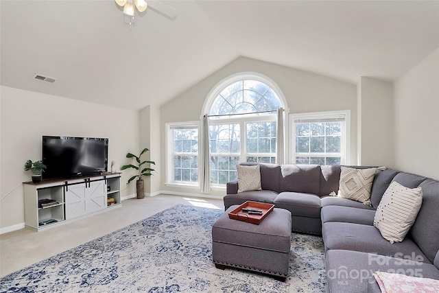 7925 Woodmere Dr, Harrisburg, NC 28075 - living room featuring vaulted ceiling, ceiling fan, baseboards, and carpet flooring