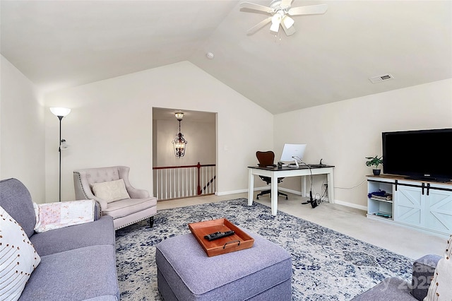 7925 Woodmere Dr, Harrisburg, NC 28075 - living area featuring lofted ceiling, a desk, ceiling fan, carpet flooring, and baseboards