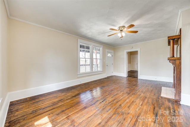113 Hemphill Ave, Chester, SC 29706 - unfurnished living room with hardwood / wood-style floors, ceiling fan, baseboards, and ornamental molding