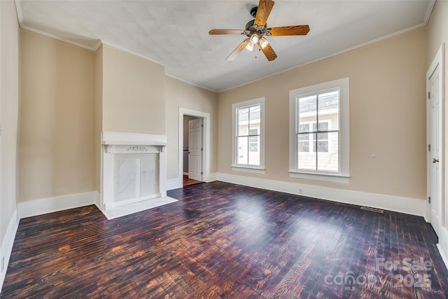 113 Hemphill Ave, Chester, SC 29706 - unfurnished living room featuring a ceiling fan, ornamental molding, baseboards, and wood finished floors