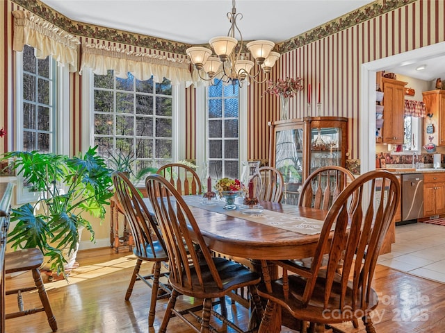 288 Hawks Point Dr, Zirconia, NC 28790 - dining space featuring a healthy amount of sunlight, wallpapered walls, baseboards, and an inviting chandelier