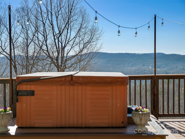 288 Hawks Point Dr, Zirconia, NC 28790 - wooden terrace with a mountain view and a hot tub