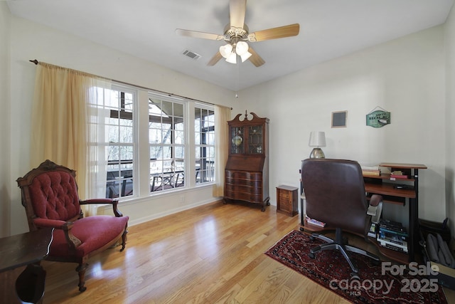 office with visible vents, baseboards, ceiling fan, and wood finished floors
